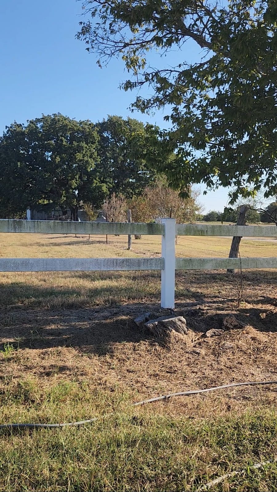 Vinyl fence before cleaning in Corsicana TX showing dirt algae and weather staining