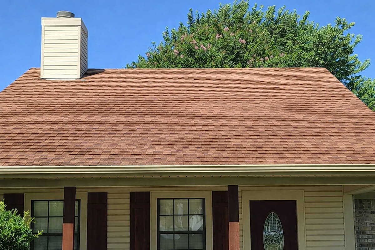 Roof after soft wash cleaning in Corsicana TX showing clean asphalt shingles